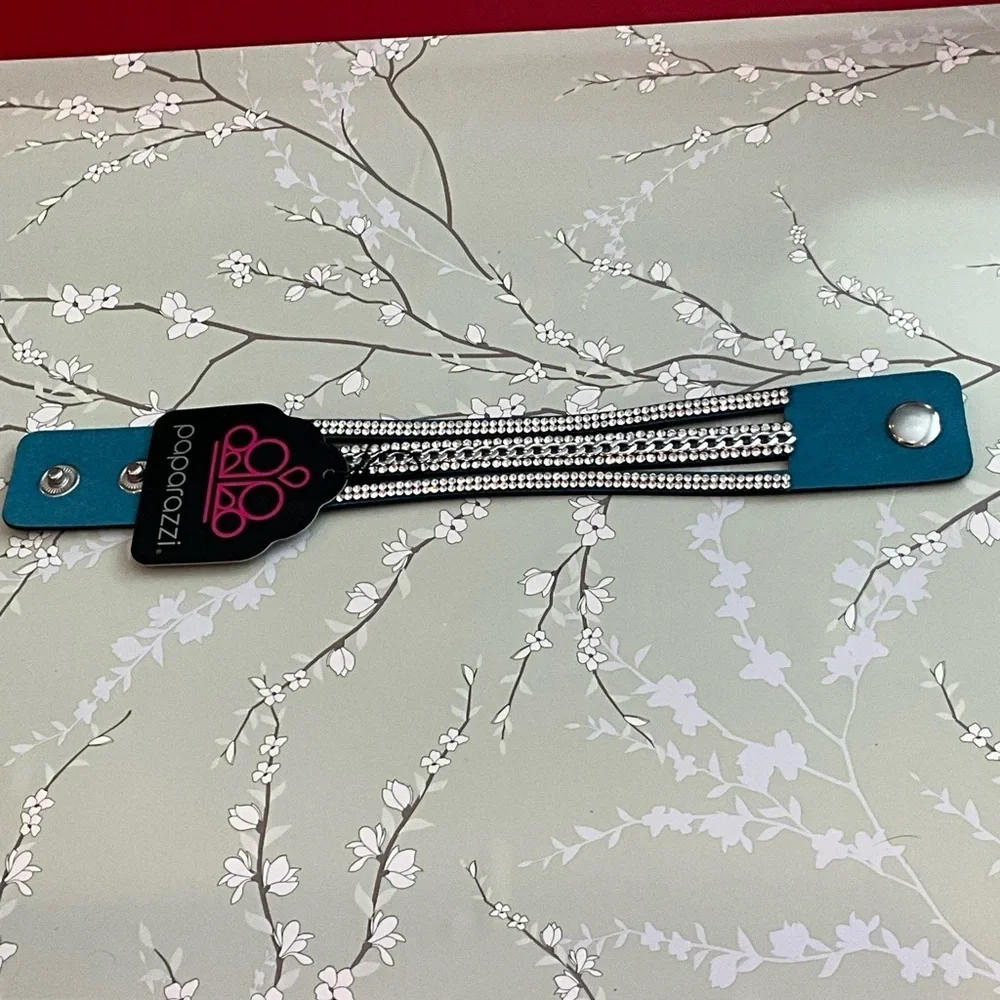 ❄️ Paparazzi | Teal and Silver Snap Bracelet Rollin In Rhinestone  Faux Leather